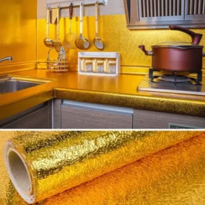 Golden Foil Kitchen Wallpaper Stickers, Peel & Stick Aluminum Foil Wall Paper, Self-Adhesive Oil Proof Waterproof Sticker for Kitchen (Size: 60*200CM)