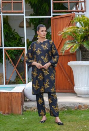 Daffodil print 2pc Dress | shirt and trouser for girls & Womens - black