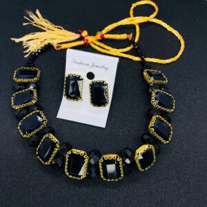 Premium Quality Stones Choker Necklace With Earrings Set - Black