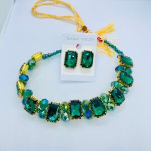 Premium Quality Stones Choker Necklace With Earrings Set - Green