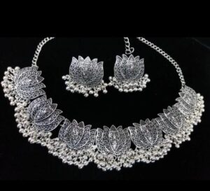 Antique Silver Afghani Flower Choker Necklace With Earrings For Women & Girls - Silver