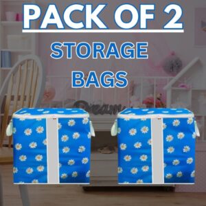 Non Woven Printed Storage bag | Cloth Organizer Mustard/Blue - Blue, Pack of 2