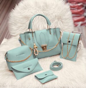 5 Pcs Women's PU Leather Plain Long Strap Hand Bag Wallet Set - Light blue