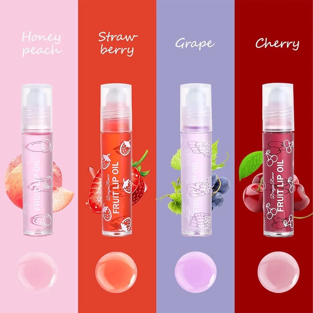 Pack of 4 - Fruit Lip Oil Set Non-Sticky Long Lasting Moisturizing Lip Oil Lip Care Oil Cartflix.pk