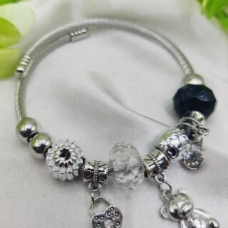 1 Piece Imported Pandora-Inspired Silver Charm Bracelet Heart Teddy Accents | Best Quality Bracelet For Girls Women | Girls Women Jewellery Cartflix.pk