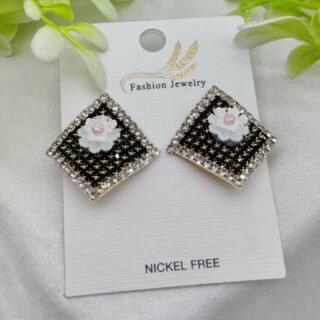 Imported Elegant Floral Stud Earrings with Rhinestone BorderNickel Free | Girls Earrings | Women Earrings | Jewellery Cartflix.pk