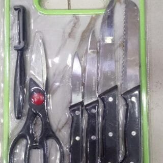 6 in 1 Stainless Steel Knives Set? For meat, bread, fruits, and vegetables | Kitchen Knife Set with Scissors, Peeler & Cutting Board ? All-in-One Cooking Essentials with Ergonomic Handles & Sharp Stainless Steel Blades