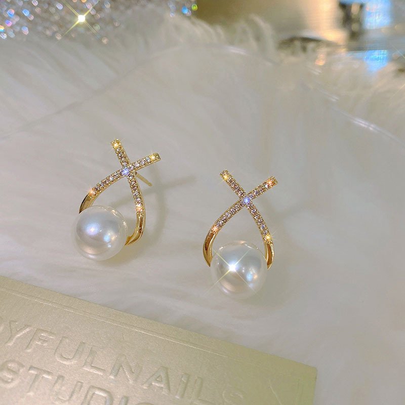 Elegant Golden Cross Pearl Zircon Earings Pearl Stud Earrings Women Personality Fashion Unique Design Earrings | Earrings for Women Fashion | Luxury Look Artificial Earrings | Women Earrings