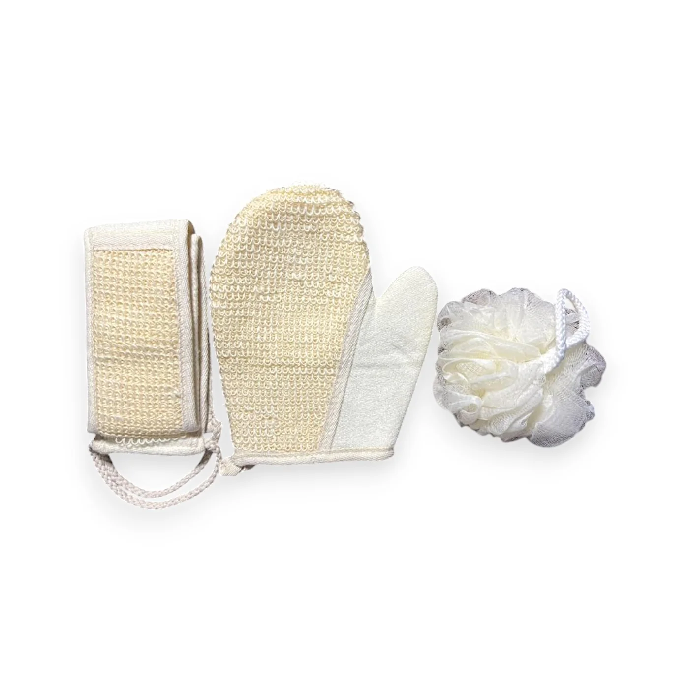 Exfoliating Bath Set: Loofah Gloves, Back Scrubber Belt & Loofah Sponge - Bathing Combo
