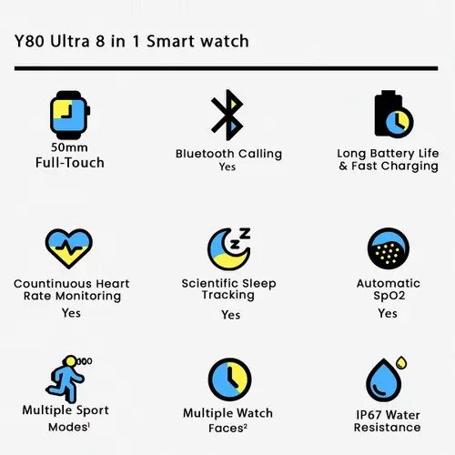 Y80 Ultra 8 in 1 Smart watch ,8 Straps 49MM Big Display  (Random Colour)