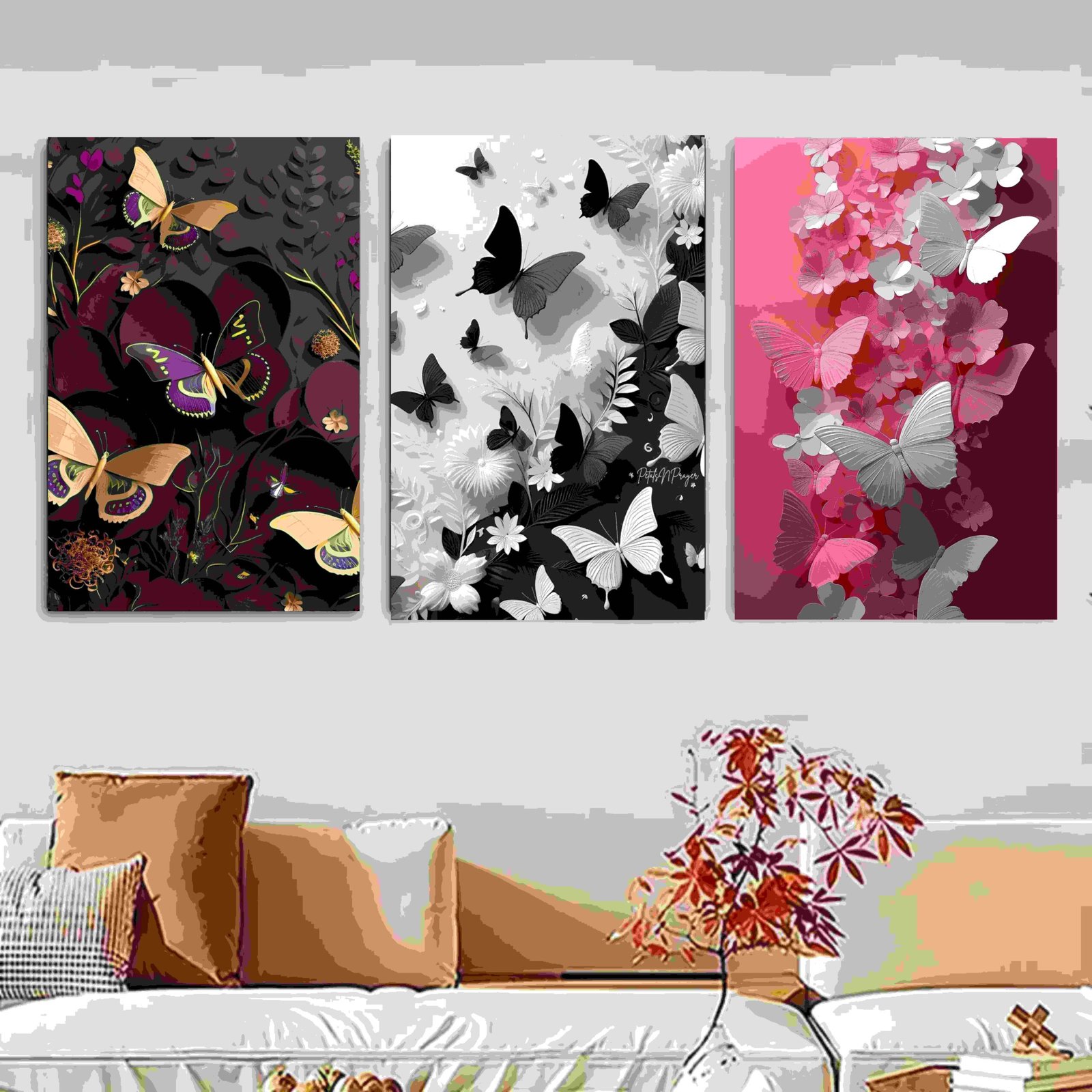 set of 3 Butterfly art wooden frames for wall decoration / sticky photo tile Cartflix.pk