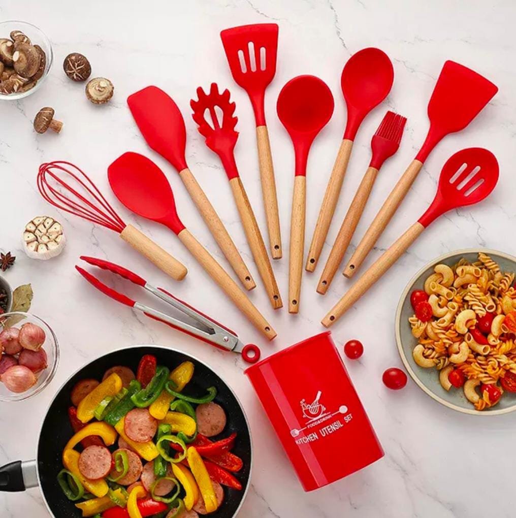12 Pcs Silicone Cooking Utensils Kitchen Utensil Set | Heat Resistant Kitchen Non toxic Spatula Set with Turner Tongs,Spoon,Brush,Whisk-Wooden Handle - Random Color Cartflix.pk