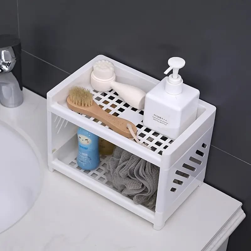 Desktop Double-Layer Plastic Storage Holder Rack Cosmetic Box Kitchen Bathroom Desk Shelf Organizer Office Supplies Stationery (Random Color) Cartflix.pk
