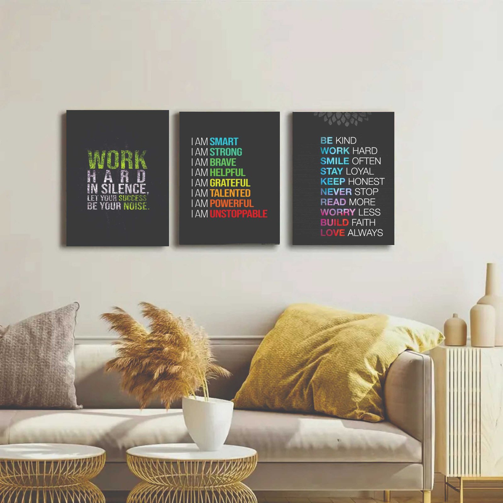 Set Of 3 Motivational Sticky Canvas Frames For Wall Decore / Sticky Phototiles Cartflix.pk